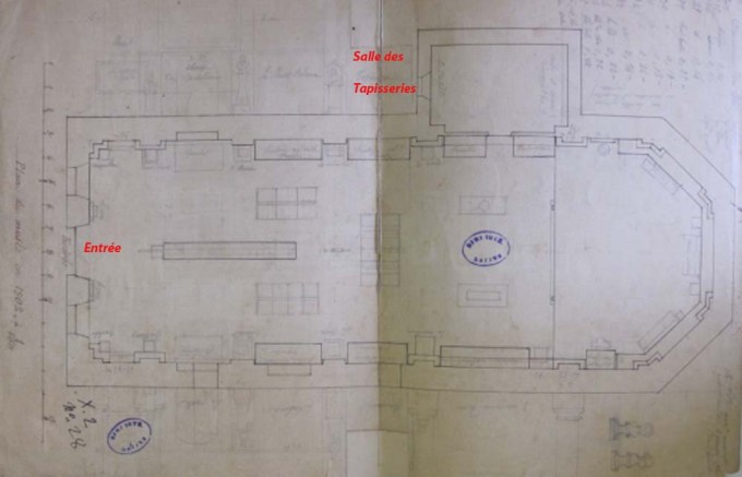 Salins, plan du musée en 1902, salle des tapisseries, ACS série R 1662.